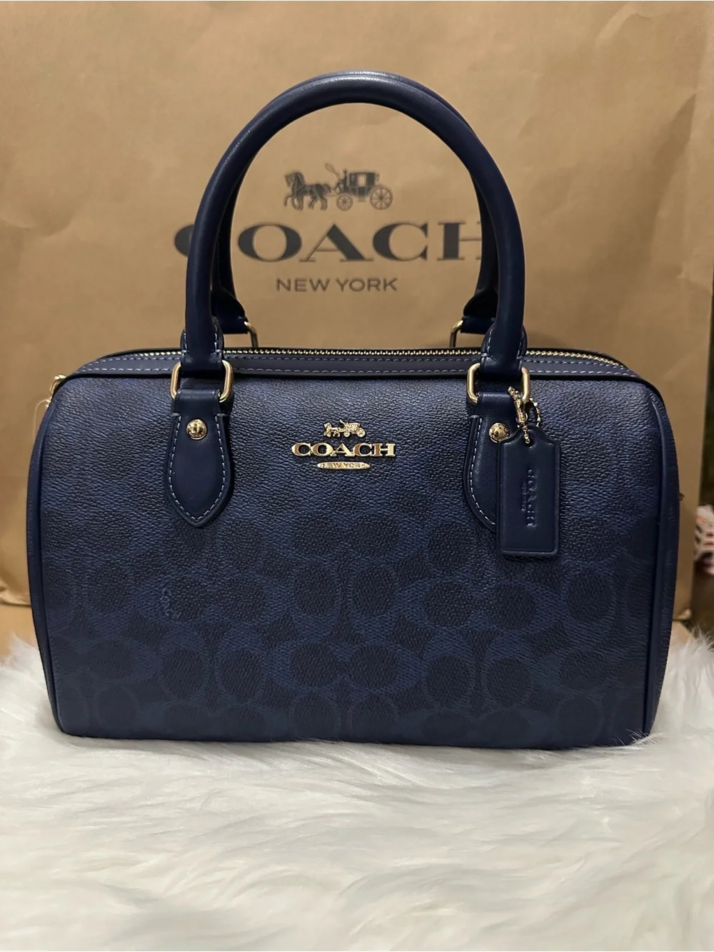 Coach Rowan Satchel Bag In Signature Canvas Gold/Navy CV961 NWT